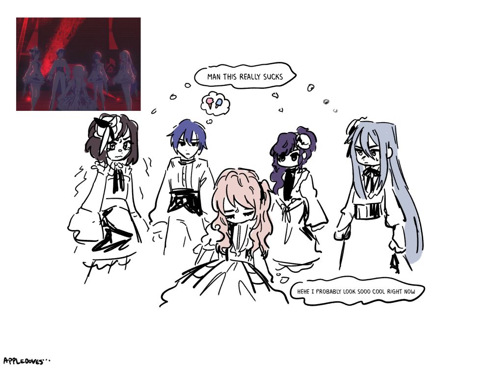 low quality chibi doodle redraw of a scene from the end of the bake no hana choreo where mizuki is on her knees with her head bowed and eyes closed in the center while the other members and kaito surround her and look at her angrily. a screenshot of the scene is in the corner of the redraw. ena is redrawn to look like she's holding back tears and kanade is nervously sweating. a thought bubble shared by the other three girls says "man this really sucks" while mizuki is thinking "hehe i probably look so cool right now". kaito is unbothered and thinking about ice cream.