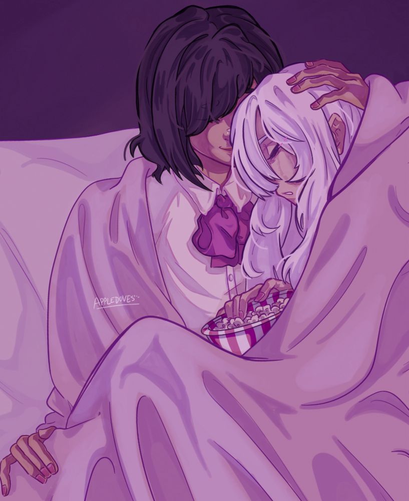 fanart of mizuki akiyama laying against ena shinonome as they sit together to watch a movie, both wrapped in a blanket. mizuki has her hair down and is asleep, holding onto a popcorn bucket. ena smiles and holds her close.