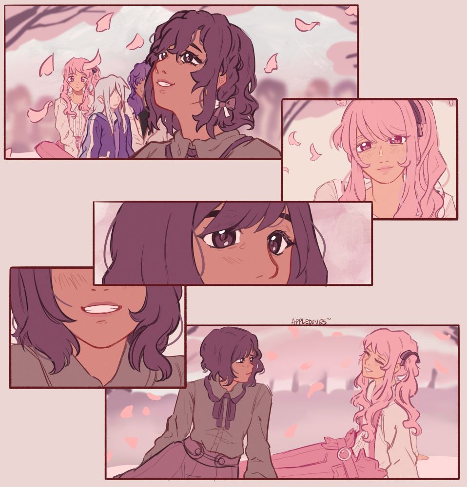 five panel wordless comic. ena shinonome is looking up happily at falling cherry blossoms that surround her while sitting on a picnic blanket. nightcord at 25:00 sits with her, kanade and mafuyu are talking while mizuki akiyama looks at her with wide eyes. even further back are other friends of ena. in the second panel, mizuki smiles warmly at her. in the third, ena looks over to her with a surprised expression, and in the fourth ena smiles wide at her back. in the last panel, they're smiling at each other, sitting closer to each other with ena having a sort of lovestruck look on her face.
