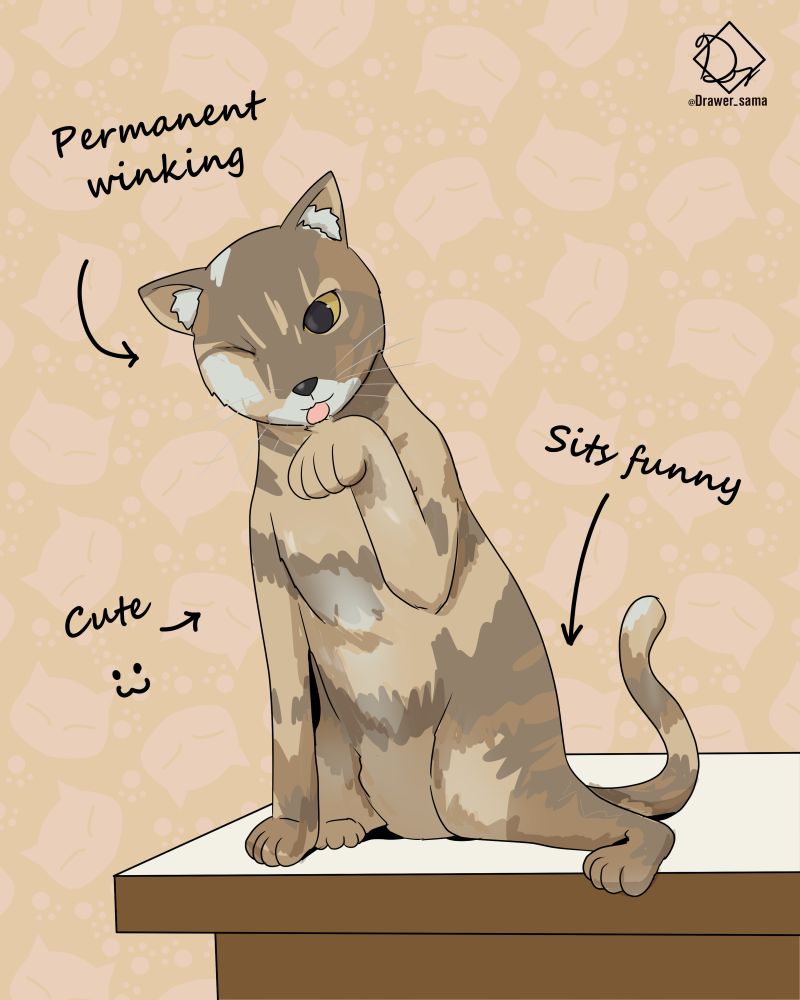 Art portrait of my cat Perla, she is missing her right eye and sits weird with a leg sticking out. She is at great health.