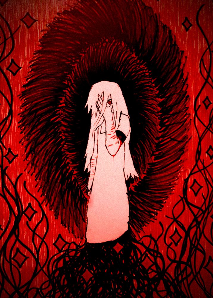 Ariane yeong with tentacles coming out from under her dress. there's a pattern in the background behind her and cuts on her arms. - i used so much red ink, it smelled too strong. I wonder if I smell like it still ( ŏ⁠﹏⁠ŏ⁠)