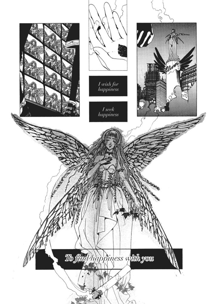 Manga page from CLAMP’s “Clover” depicting the animated statues singing Ora’s song at Fairy Park