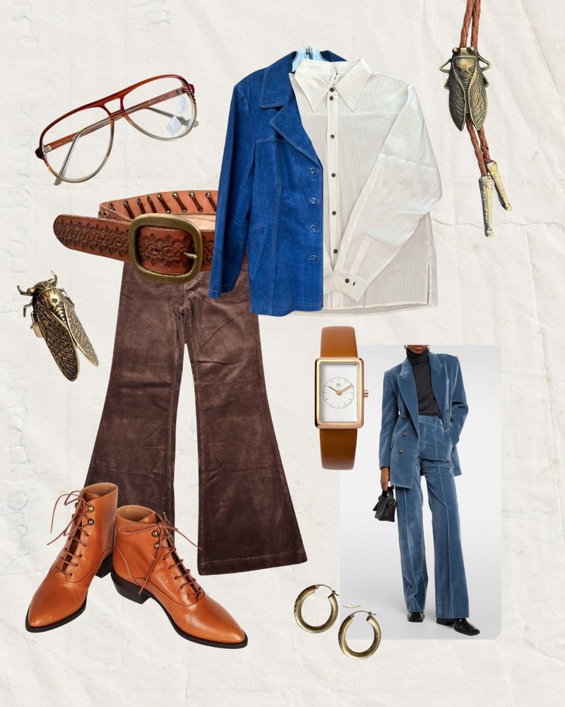 A collage featuring a ‘70’s gay uncle’ vibe for our Classics White button up. Bringing in a ‘writing poetry as the cicadas sing’ energy with a blue suede suit in the corner, we added a bright blue suede blazer and paired it with dark brown corduroy pants and rich tan lace up leather ankle books. Finish the outfit with a chunky leather belt, sleek rectangular watch, thick tan glasses, and some old gold jewelry like small hoops and a cicada ring and bolo tie.