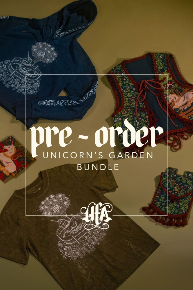 An image of the vest, hoodie, tee shirt, scarf and bag in the Unicorn's Garden bundle, inspired by the tapestry "The Unicorn in Captivity". 