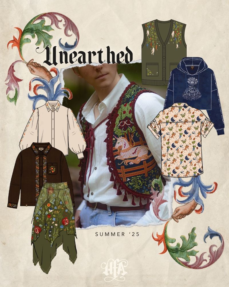a still image of illustrated mock-ups from the Hushfall Archives latest collection, Unearthed. A full-color photo of a model wearing our vest inspired by the famous tapestry, a Unicorn Rests in the Garden / the Unicorn in Captivity, sits in the center of the image. 