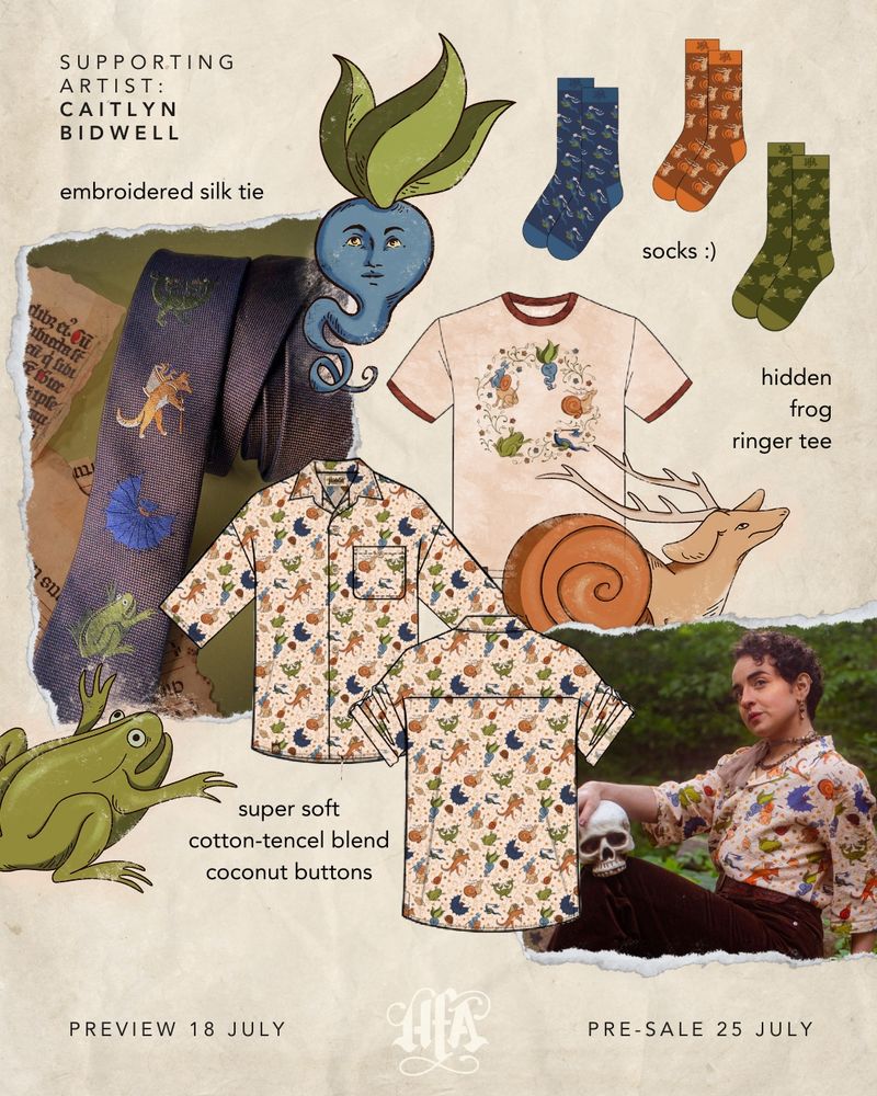 A still image of six pieces from Unearthed, a clothing collection by the Hushfall Archives, featuring supporting artist Caitlyn Bidwell "coloringcat". The image has several illustrations of animals sourced from medieval manuscripts. Clockwise from top left:

A brown-and-blue woven silk tie, featuring tiny embroidery of the medieval lil guys: an amphisbene, a fox, a bat, a frog, and a snail-deer. 

In the top right, three pairs of socks in blue, orange, and green have all-over patterns featuring a medieval hand holding an axe, the snail-deer, and a frog. 

In the center, a cream ringer tee with blood orange collar and cuffs has a circular pattern with a turnip, a lion-knight, the snail-deer, the hand-axe, and the frog. 

In the lower center, a cotton-tencel camp-collar shirt with coconut buttons has an all-over, full-color pattern with all the lil guys mentioned previously, nestled amongst gold curls and millefleur. 