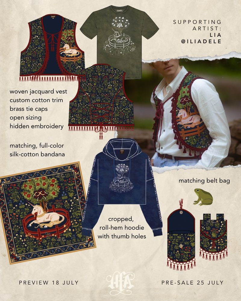 A still image of five pieces from Unearthed, a clothing collection by the Hushfall Archives, featuring supporting artist Lia "Iliadele". Clockwise from top left:

In the top left, text and images feature a woven jacquard vest, with a densely detailed millefleur pattern all over, and the famous Unicorn in Captivity on the left front panel. The vest has a custom-dyed deep red cotton trim, matching cotton tassels, and brass tie caps. Text reads: open sizing, hidden embroidery.

In the top center, a green stone-washed tee shirt features a white illustration of the Unicorn. In the very center, the same white illustration is screen-printed on a navy blue hoodie. Text for the hoodie reads: cropped, roll-hem hoodie with thumb holes. 

On the bottom left, a full-color illustration of the Unicorn is displayed in a square composition. Text reads: matching, full-color silk/cotton bandana. 

On the bottom right, a woven jacquard belt bag is shown both opened and closed, with a tiny frog above the illustration. The millefleur pattern matches the above vest. 