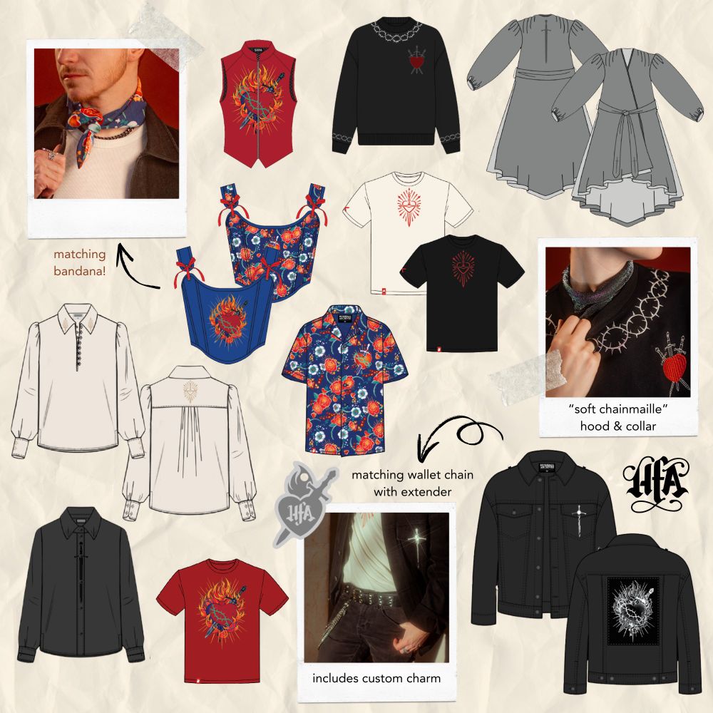 A still image collage of all the pieces available in the Hushfall Archive's first collection, Saints & Sonnets! A crumpled paper background displays various shirts, button downs, a button up, a denim jacket, a flowing silver robe, a corset, and a vest. Inset polaroid photos show metallic accessories, including a belt chain and detached silver collar, and a floral bandana about the model's necks and hips. 