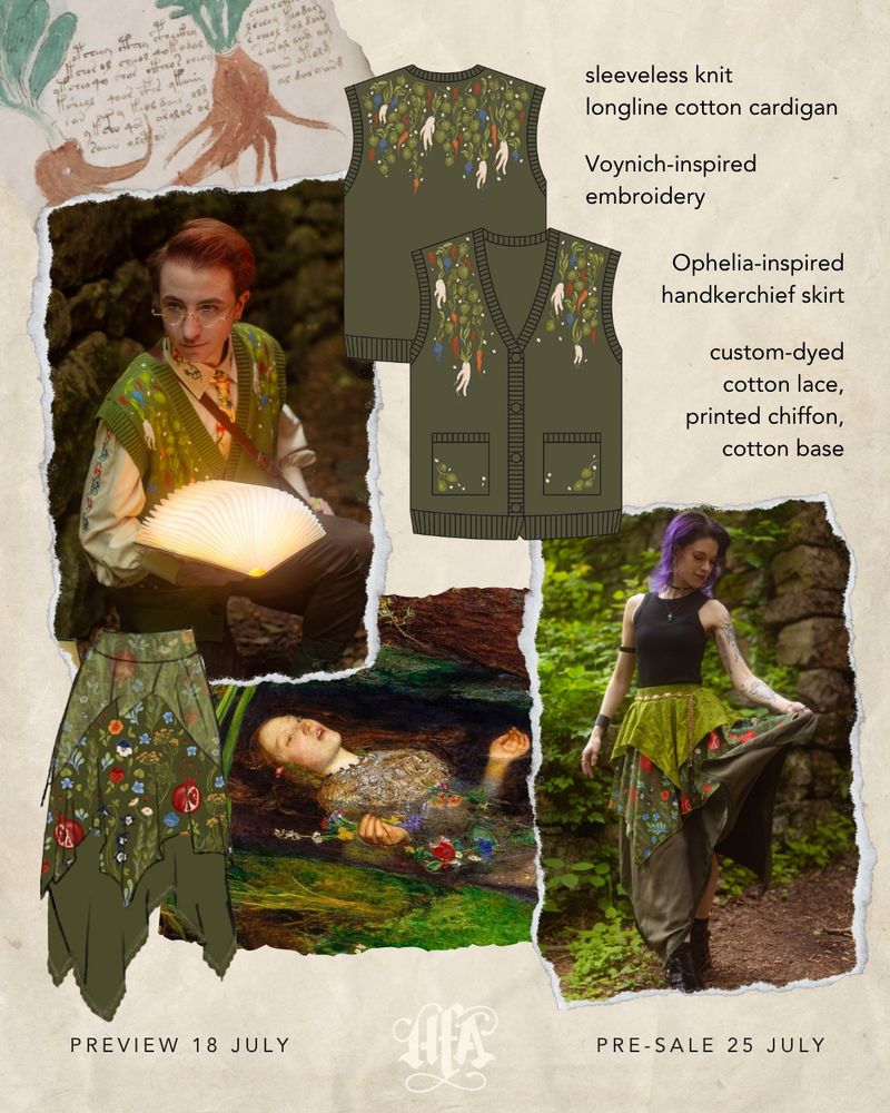 A still image of two pieces from Unearthed, a clothing collection by the Hushfall Archives. Text and images feature: a green, sleeveless, knit cardigan inspired by the Voynich manuscripts, with colorful mandrake and root vegetable embroidery amongst leaves and small flowers. A page from the Voynich manucript sits behind a photograph of a model wearing the cardigan. On the bottom right, a model wears an Ophelia-inspired green handkerchief skirt with a bright repeating floral pattern, featuring all the flowers from the character's famous monologue in Shakespeare's "Hamlet." Descriptive text for the skirt reads "custom-dyed cotton lace, printed chiffon, cotton base." 
