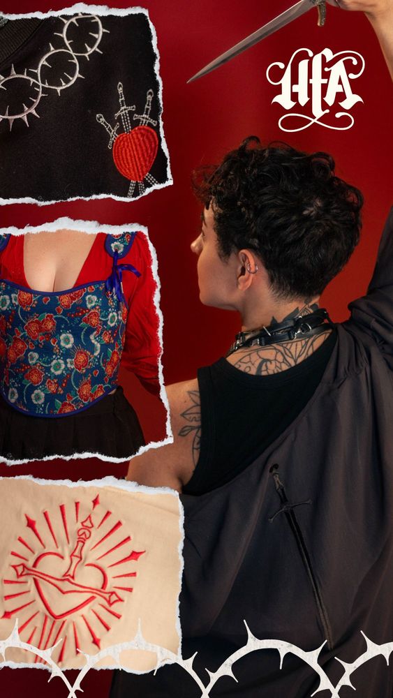 A still image collage of pieces from the Hushfall Archive's Saints and Sonnets collection- a black crewneck with embroidered thorns, a reversible blue corset top, an embroidered white tee with a heart and dagger, and a silver chiffon robe with sword embroidery. Our dark-haired Artisan is modeling the chiffon robe with a silver dagger held aloft. 