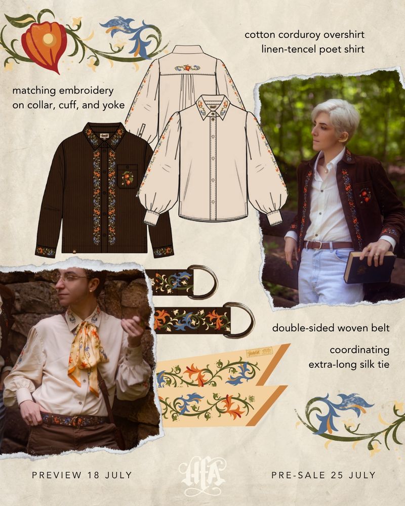 A still image of five pieces from Unearthed, a clothing collection by the Hushfall Archives. Text and images feature: a cream-colored linen-tencel poet shirt, a brown corduroy overshirt, a double-sided woven belt, and a coordinating silk tie. All items have a bright red and blue floral pattern inspired by illuminated manuscripts and Germanic herbariums. The shirts are embroidered with floral patterns, and the silk tie is directly printed with a soft yellow background. 