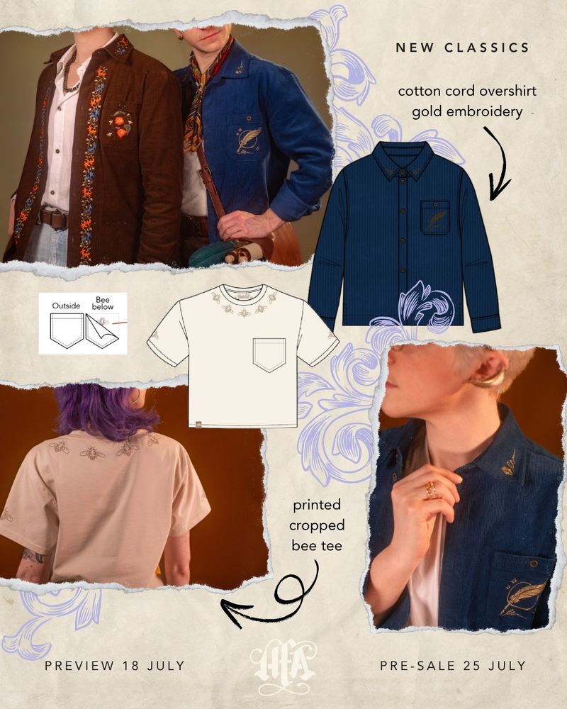 A still image of the updated Classics collection, clothes in the Hushfall Archives' regular catalogue. Pictured clockwise, starting in the top left: A navy blue corduroy overshirt with gold embroidery. The embroidered designs feature a feather quill on the pocket, and the collar, cuffs, and back yoke feature a metal nib with an artful scribble. 

In the bottom left, an off-white cotton crop tee has a ring of bees circling the collar in a slightly subtle screen print. Both sleeves are tipped with an additional bee, and a final bee hides underneath the front patch pocket. 

In the bottom right, a model shows off the blue corduroy shirt's detail. 
