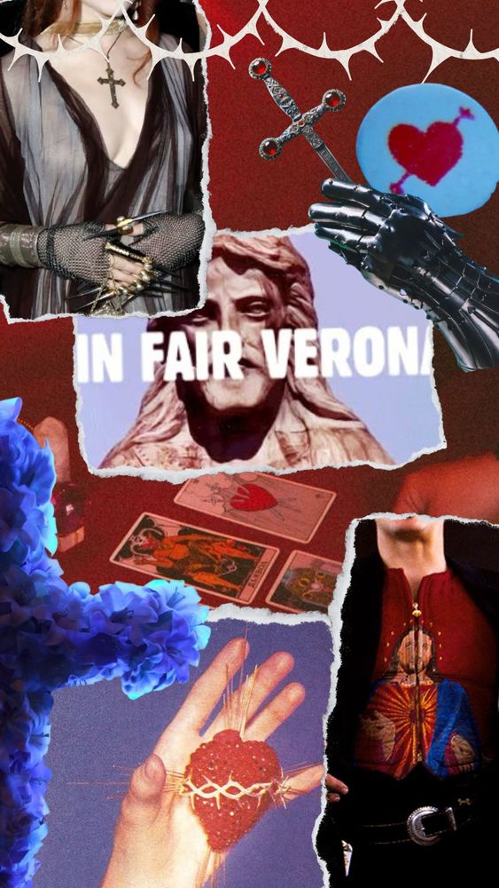 A still image collage with a red background and blue, black, and silver accents. Text reads IN FAIR VERONA and includes: Chappell Roan's VMAs look, Tybalt's red vest from the 1996 Romeo and Juliet, a hand holding a gold sacred heart, a white pill with a pierced heart, thorns, a tarot spread, and a blue floral cross with neon lights. 