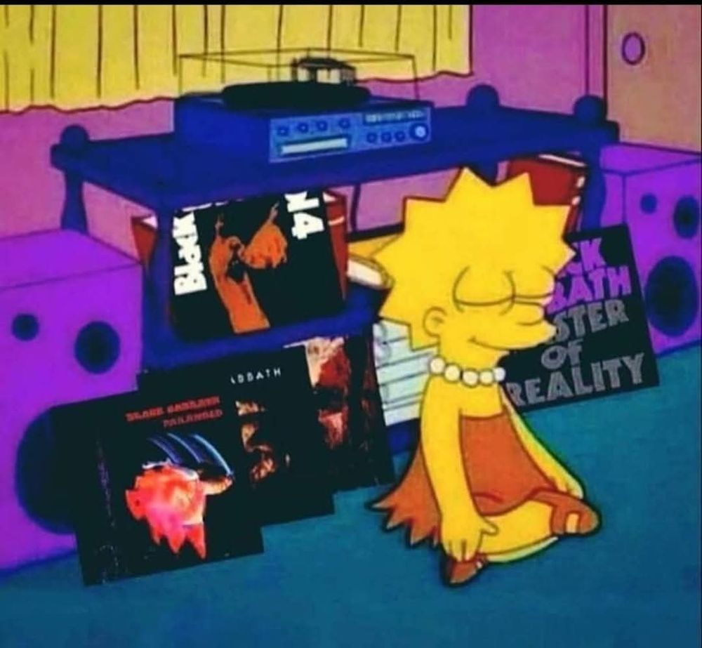Lisa Simpson sitting near record player. Black Sabbath records scattered on floor.