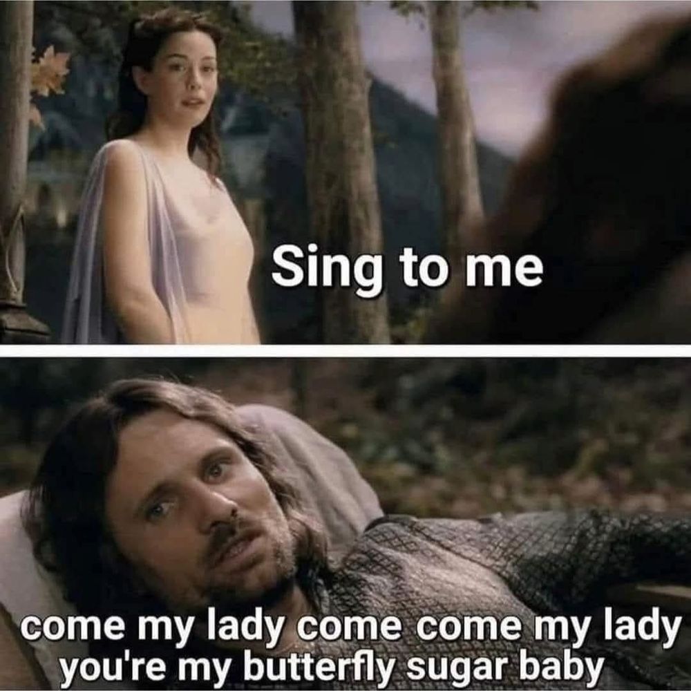 Arwen of Lord of the Rings speaking to Aragon. She is saying "sing to me." Aragorn sings "come my lady come come my lady, you're my butterfly sugar baby."