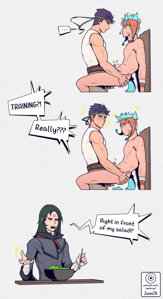 A tiny comic following the previous Ranulf and Ike drawings where Ike is holding Ranulf, who is nude, against a wall.

They are interrupted by a loud "Training!? Really!?" coming from outside the view.

At the bottom of the comic is Soren, eating a Salad, saying "Right in front of my salad!?".