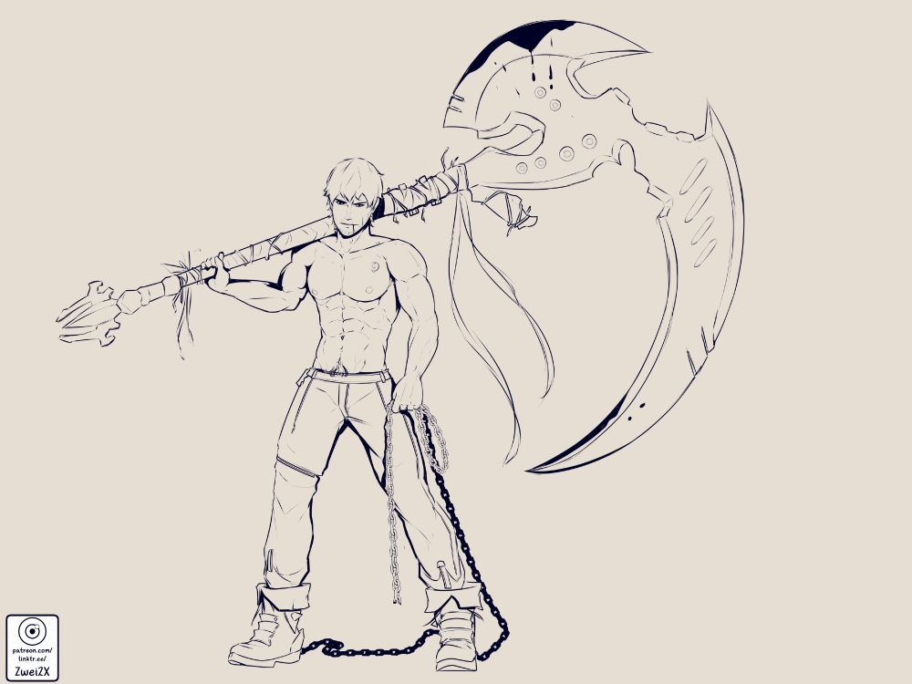 A doodle of a warrior from final fantasy 14 holding what appears to be a giant axe combined with an oversized scythe on his shoulder.