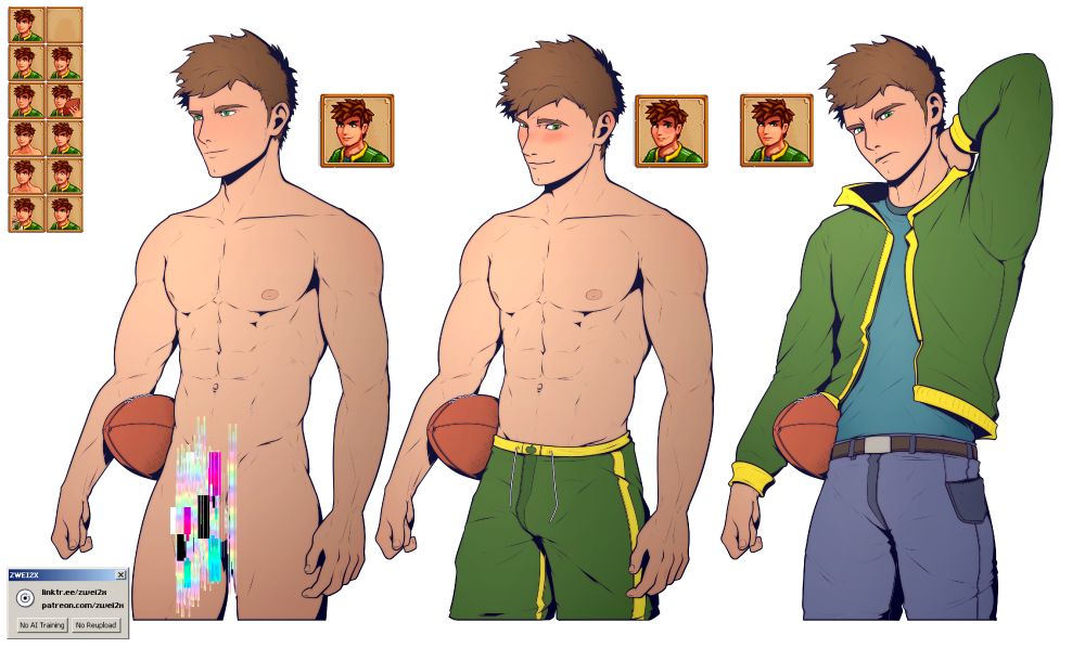 A board showing three bust portraits of Alex from Stardew valley in various stages of dressing. The first is him nude (but censored) with a neutral expression. The second is a shirtless blushing expression and the final third is an annoyed expression while fully clothed.