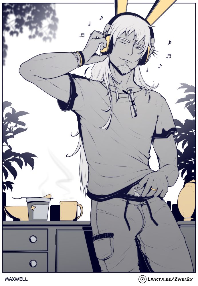 A mostly monochrome panel of a tall man with long hair, just vibing to songs with his bunny eared headphones. He appears in relaxed clothing, scratching his lower belly and waist.