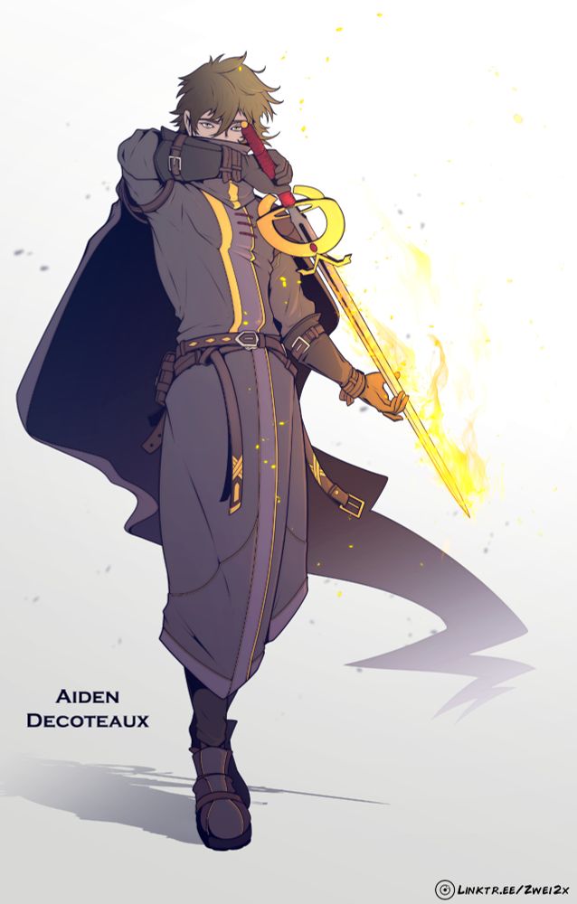 A digital drawing of Aiden, from the game Beloved Rapture. He is dressed in dark robes, holding a rapier that is magically set in fire.