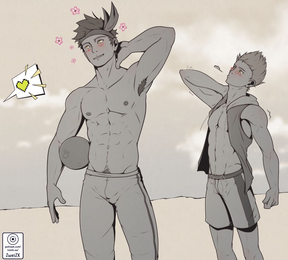 A doodle of Flint and Jasper, two bachelors from the cozy game Ova Magica, getting ready to play a summer ball game, while blushing as they're being cheered on by someone off-screen.