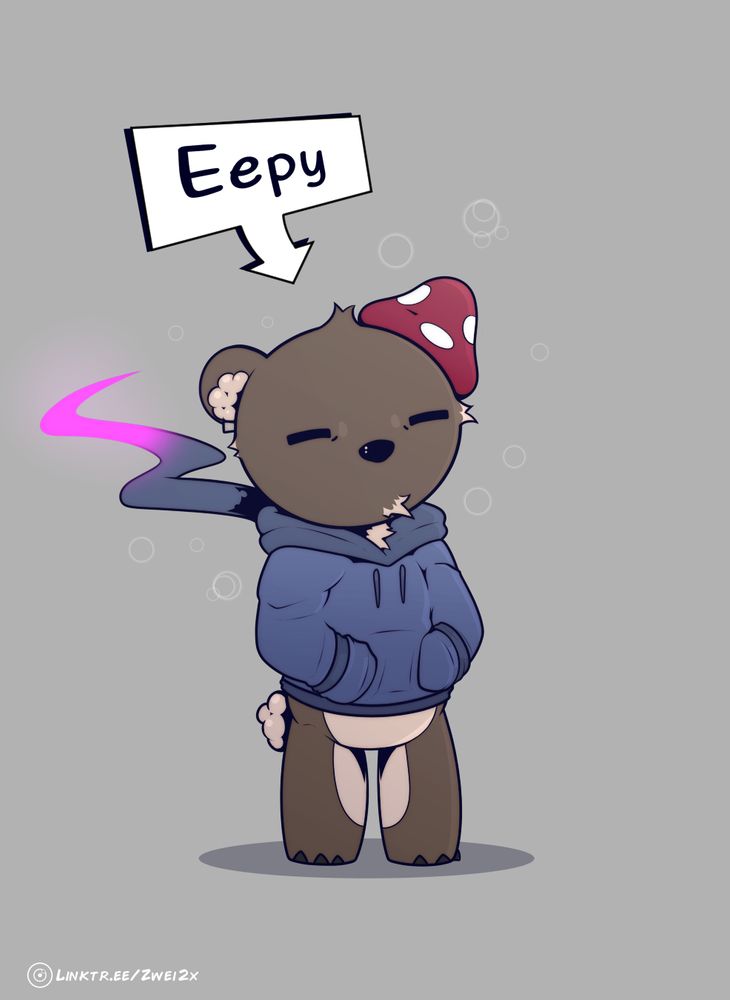 The artist drawn as a cute, tiny bear in a hoodie. A big bubble points at him saying "eepy".