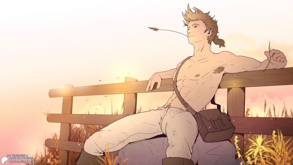 A drawing of a shirtless Alfyn Greengrass, from Octopath Traveler, sitting on a rock shirtless while leaning back on a wooden fence.