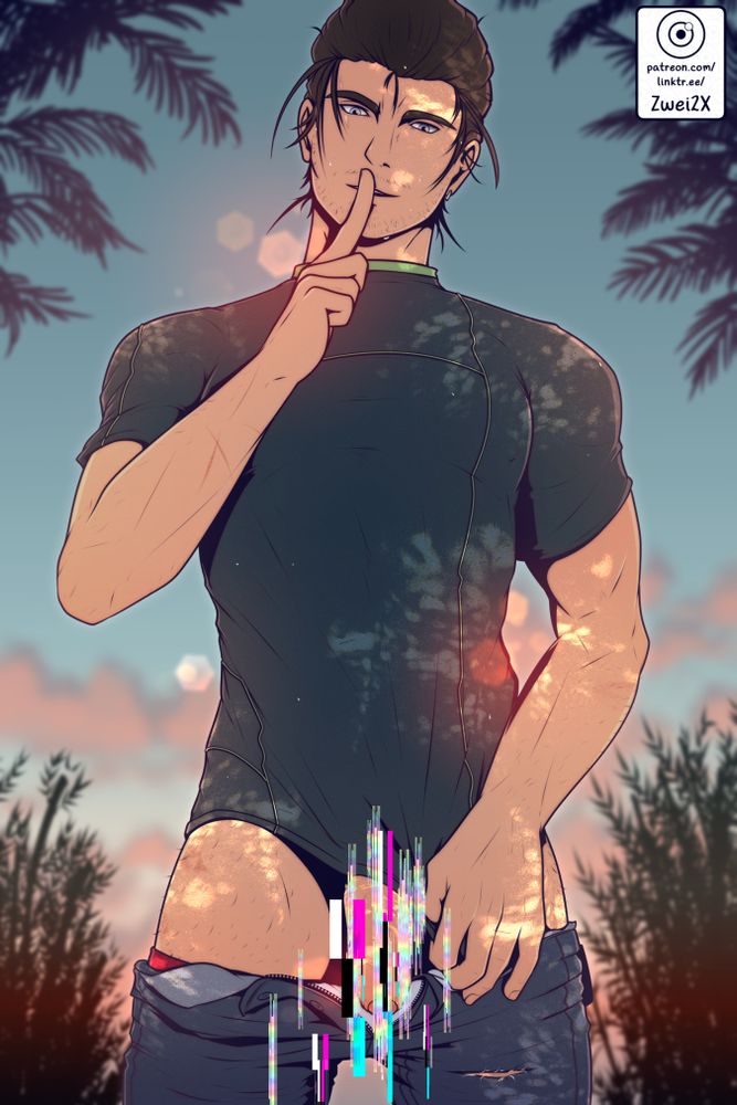 A drawing of Meteor, from Final Fantasy 14, with pants lowered, pulling down a wet shirt over his crotch to hide his member.

Is he shushing the viewer with a dirty smile.