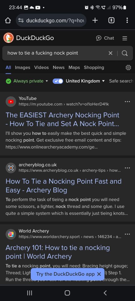 Results for search for "how to tie a fucking nock point" just include standard search results and no AI slop.