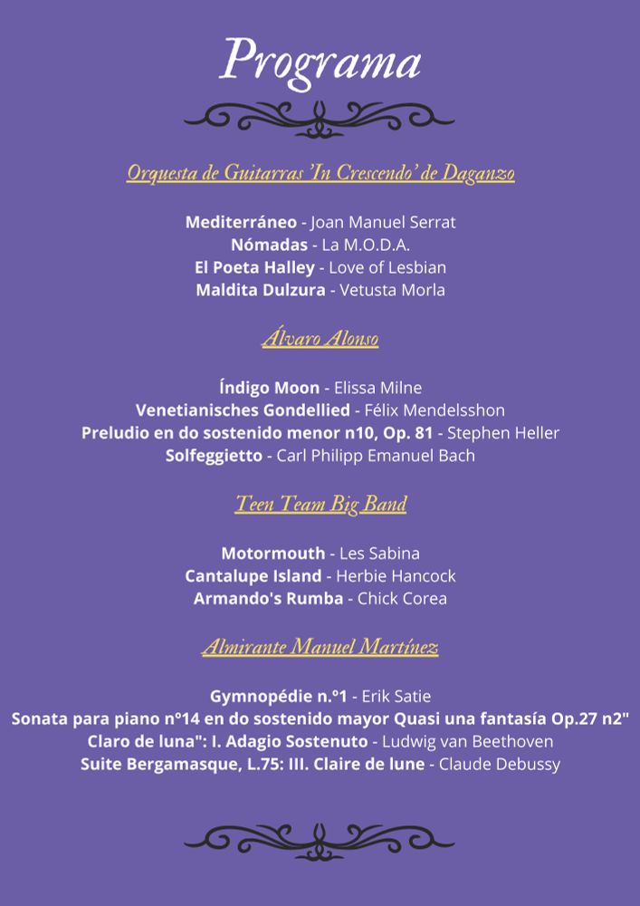 Concierto Benéfico" La Sonrisa de Guille ", que tendrá lugar el próximo día 3 de abril a las 19:00 h en el salón de actos de la ETSI Navales de la UPM.
La entrada es una colaboración de 5€, y, además, para aquellos que deseen colaborar y no pudieran asistir, existe la posibilidad de realizar una colaboración mediante Fila 0.

Contaremos con un programa musical amplio, desde música contemporánea, a música clásica, pasando por Jazz. Contaremos con la participación de la Orquesta de Guitarras In Crescendo y la inestimable participación de Manuel Antonio Martinez-Ruiz, entre otras actuaciones.
