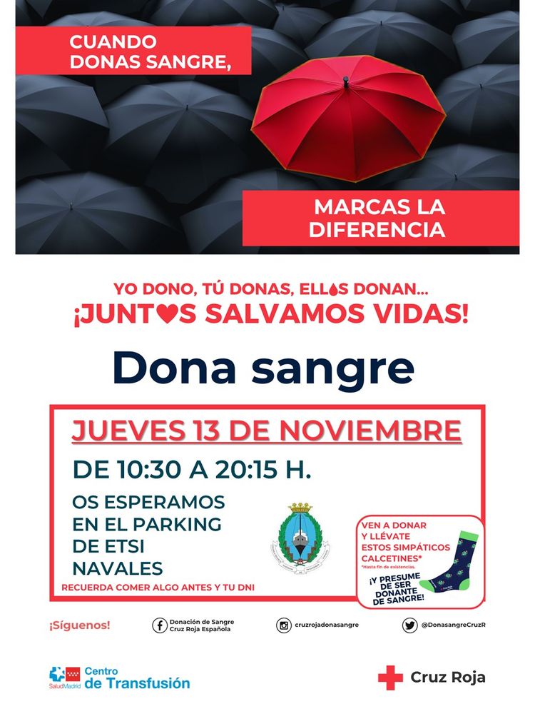 Cartel de la campaña de donación en la ETSI Navales de la UPM el 13/11/2025 de 10:30 a 20:15 h.