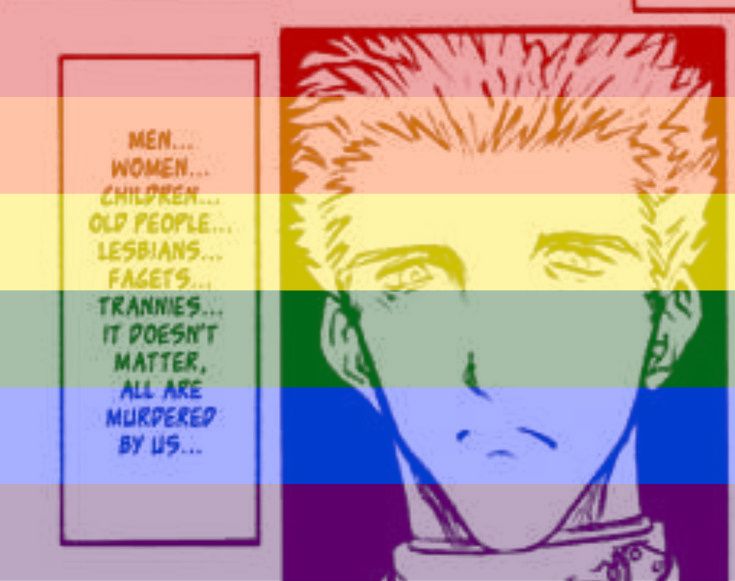 A panel of Knives from Trigun Maximum on the right, with a text box on the left saying, "Men... Women... Children... Old people... Lesbians... Fagets... Trannies... It doesn't matter, all are murdered by us."