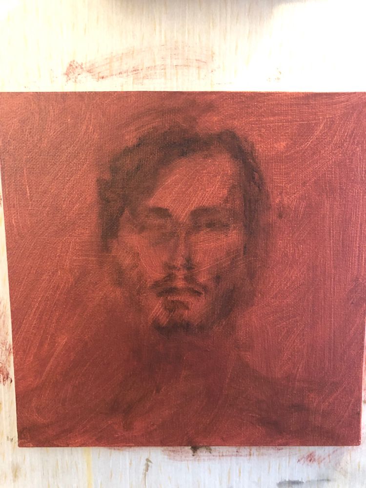 Painting of a man of the shoulders and head in an earthy red tone in minimal detail
