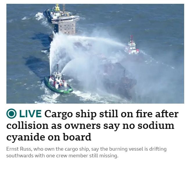 BBC news headline titled: "Cargo ship still on fire after collision as owners say no sodium cyanide on board"