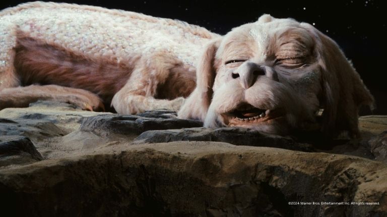 Falkor the luck dragon from The Never Ending Story rests on a rocky surface. 