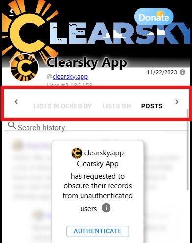 A screenshot of Clearsky's profile on clearsky.app in the posts section with the authenticate prompt.