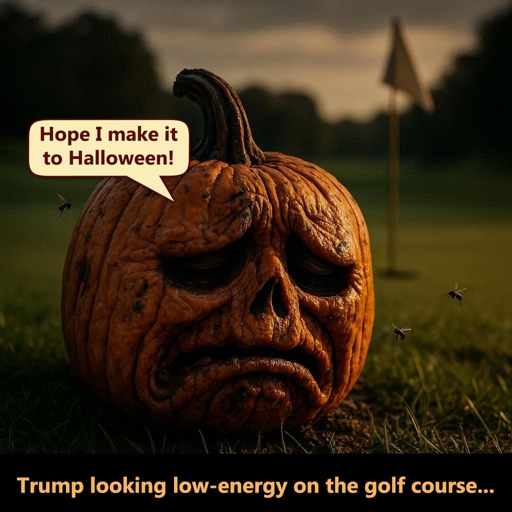 Sad rotting carved pumpkin with flies buzzing around on a golf course. Pumpkin says, 'Hope I make it to Halloween!' Bottom text says, 'Trump looking low-energy on the golf course...'