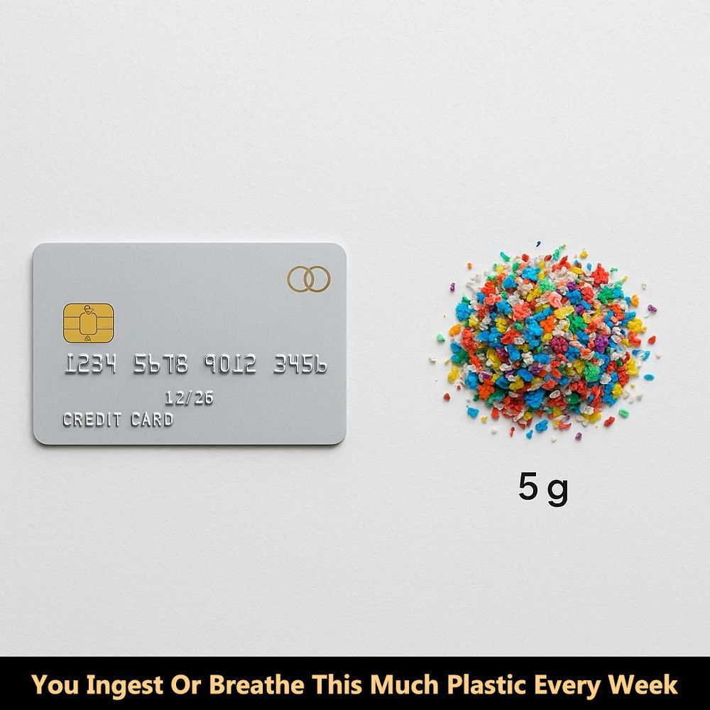Image of a generic credit card next to a pile of small plastic bits of equal weight - 5 grams. At the bottom, and this is true, the text says, 'You Ingest Or Breathe This Much Plastic Every Week'.