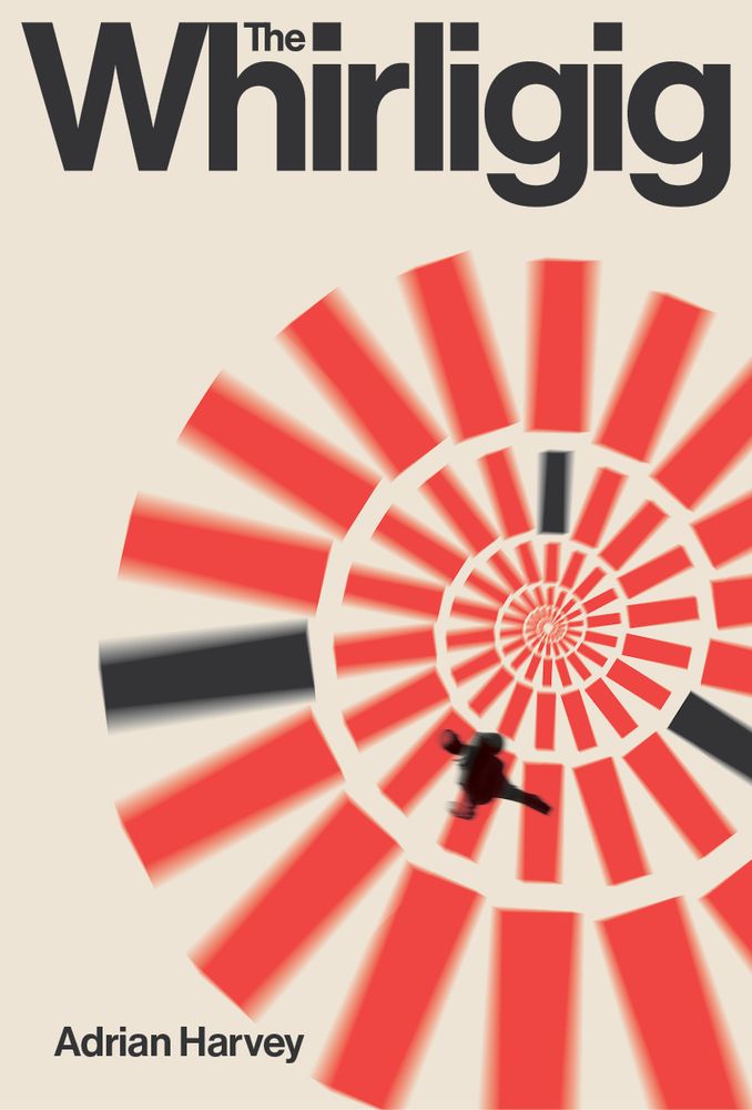 Book cover showing figure running down spiral stairs.