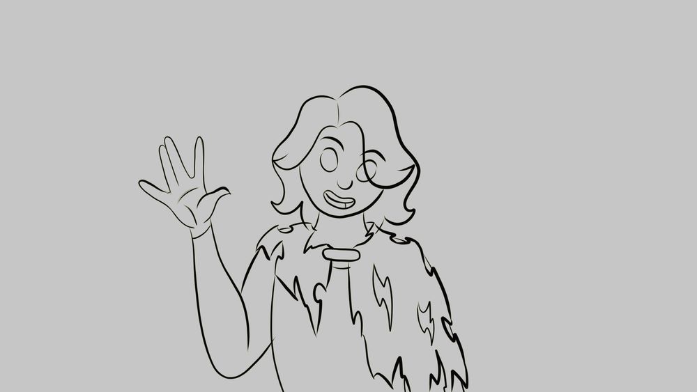 A digital sketch of a waving and smiling person with slightly curled shoulder-length hair and no pupils. They are wearing a long-sleeved shirt and a ragged and torn cape is draped over their shoulders.