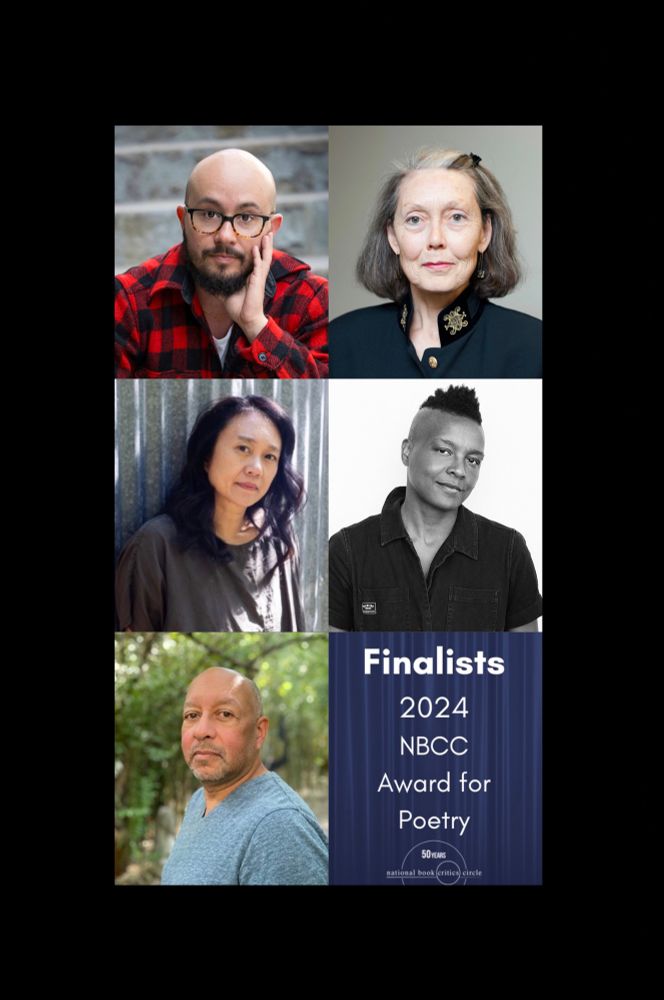 Photos of the finalists for the National Book Critics Circle poetry award: Oliver Baez Bendorf, Anne Carson, Jennifer Chang, Dawn Lundy Martin, and Carl Phillips.