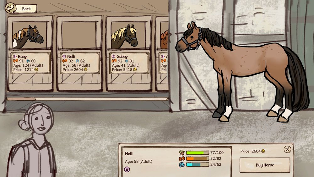 Screenshot of how the scene is coming together in-engine. One horse (in final in-game cartoon visuals) stands in the top right section of the screen, other horses' heads are visible in the top left section. A rough portrait sketch of a woman overlays the image from the bottom left corner. An info panel for the horse of the right is visible at the bottom right of the screen, showing the horse's name (Nelli), age, and stats. There is a "Buy Horse" button underneath a "Price: 2604" label