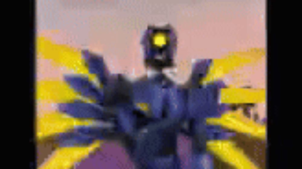 a blurry picture of a purple robot with yellow wings .