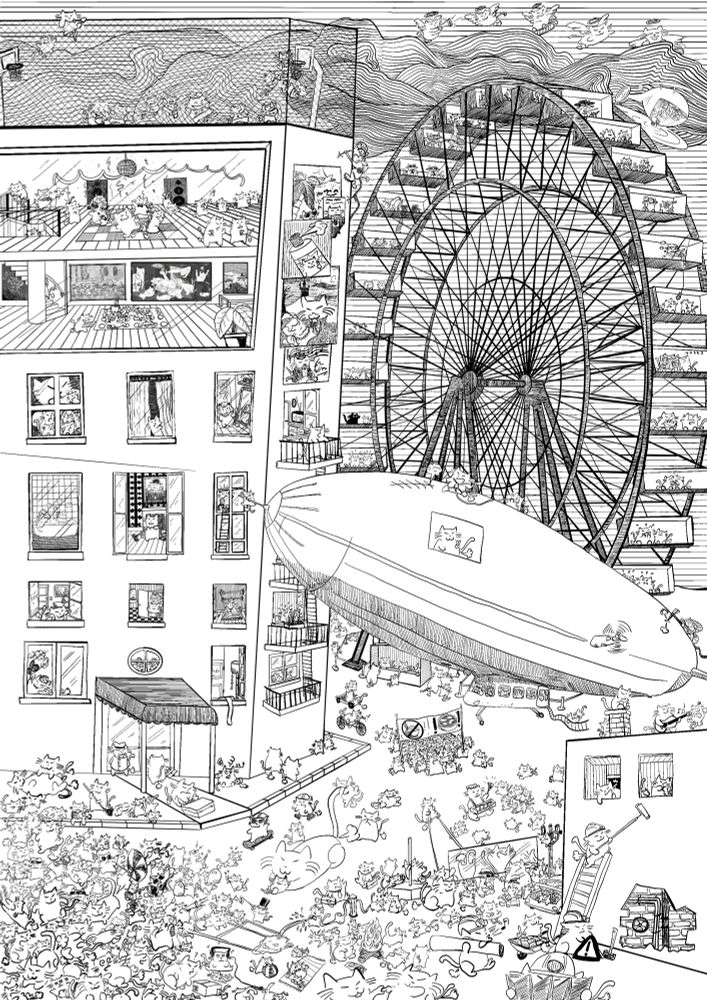 Un dessin en noir et blanc avec une rue, un grand immeuble, un petit immeuble, une grande roue avec devant un zeppelin et plein de petits chats qui pètent, dans des costumes ou situations différentes, tout plein partout.