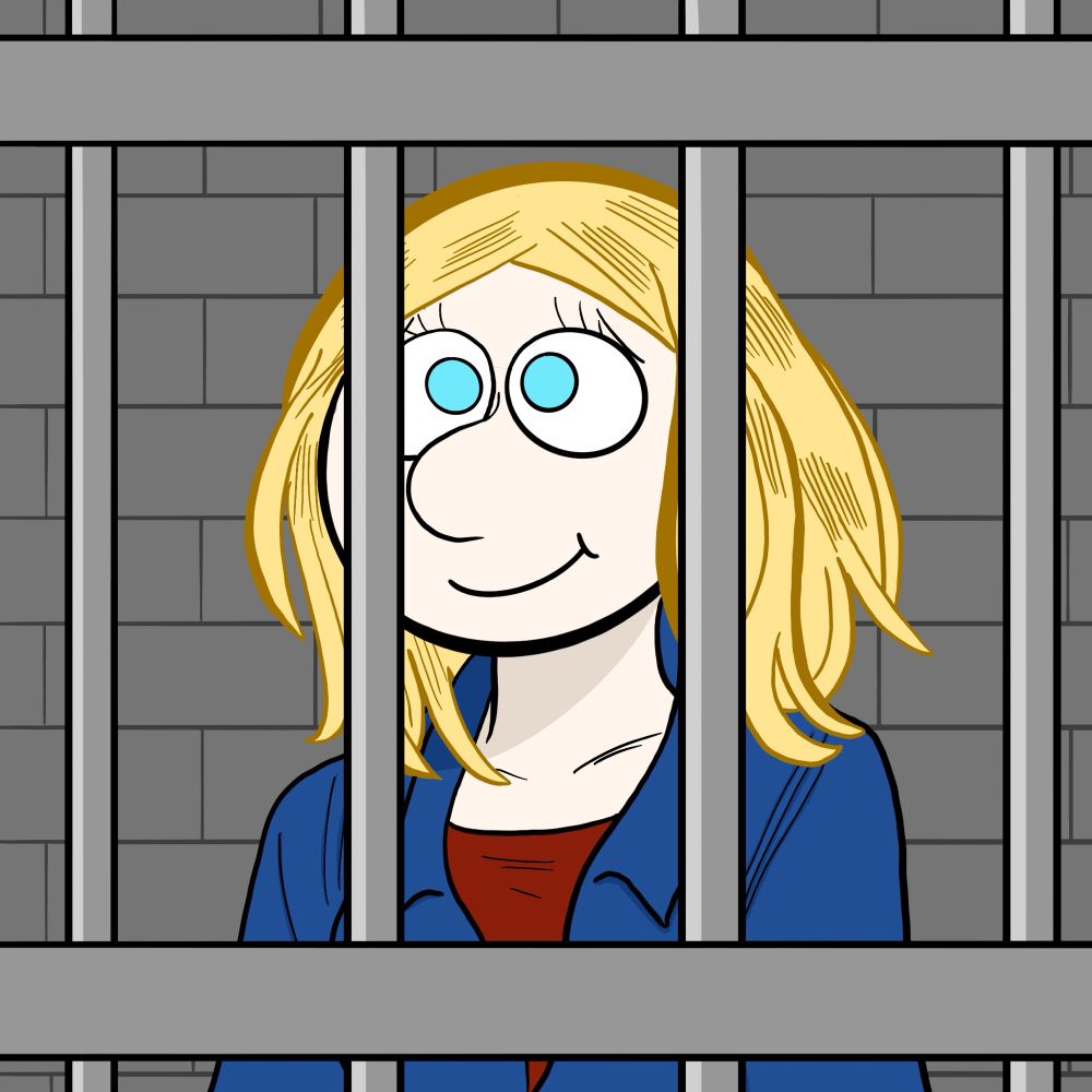 Dessin façon Laurel d'une femme blonde aux yeux bleus, veste bleu marine, souriante, derrière des barreaux de prison.