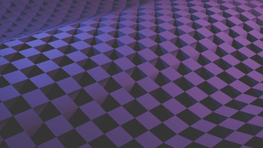 An abstract image made in Blender, showing a curved plane that resembles part of a sine wave. There is also a checkerboard pattern of raised and lowered tiles, tinted purple, that alternate between light and shadow.