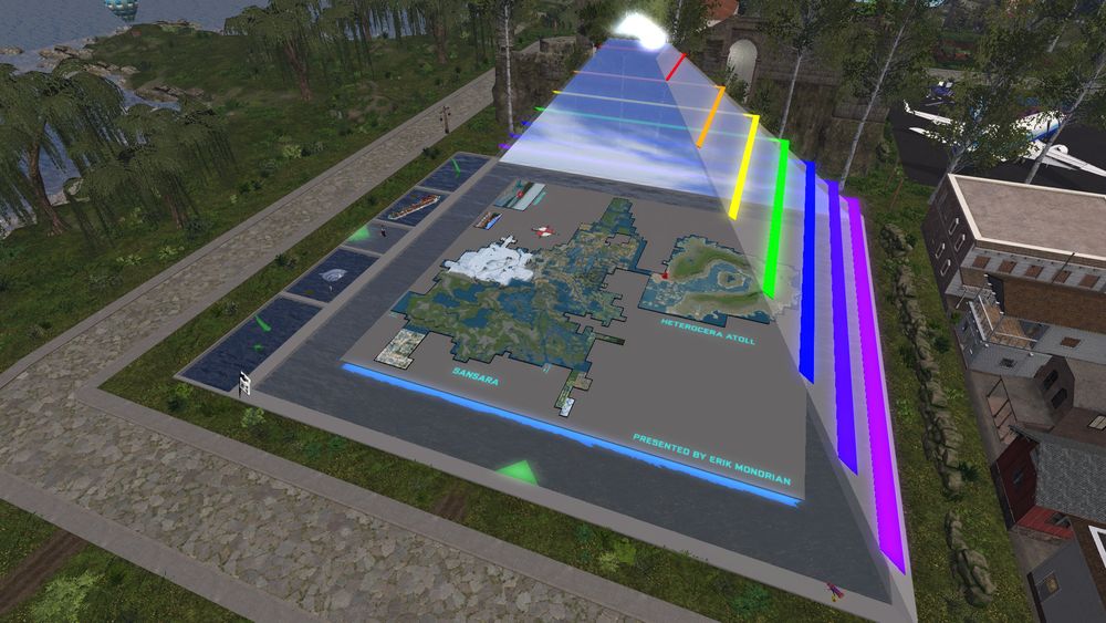 A snapshot from the virtual world of Second Life, showing my exhibit for SL's 22nd birthday celebrations: https://community.secondlife.com/news/featured-news/sl22b-exhibitor-showcase-r11201/

On the exhibit parcel is a display table, with topographic models of SL's first two mainland continents. The table is framed by a partially transparent pyramid (with the walls only there on two sides, so that the exhibit remains open to the road).

On the outside of the two pyramid walls are seven decorative prims that stretch along the walls' entire length, evenly spaced from base to top and in the colors of the rainbow. On the inside of the walls are sky textures with a few scattered clouds.