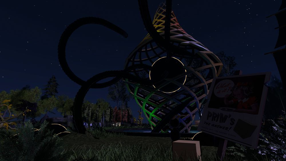 A snapshot from the virtual world of Second Life, showing Snowlord's "Primfection" exhibit.

The main part of the build is composed of an intricate system of twisting and interwoven prims, forming a large spindle-like shape that hovers above a circular inverted fountain, with the water pouring down from all sides into a hole at the fountain's center.

Floating at the heart of the spindle shape itself is a glowing black orb, with three tentacles reaching out from it in different directions. Two end in the air in front of the spindle, while the third arcs downward, piercing into the terrain, toward the fountain, and coming out again through the water's surface.