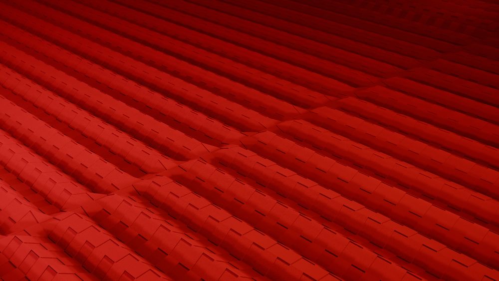 An abstract image made in Blender, showing a red plane that was modified to resemble a repeating sine wave, with a different phase on each half. The waves go diagonally from upper right to lower left, and with a tile-like pattern across each one.