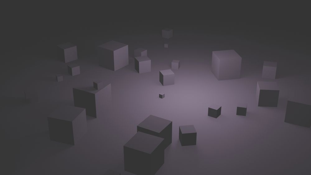 A gathering of more than twenty gray cubes of different sizes, some quite small and some a little bit larger, rotated in various directions and resting flat on a dimly lit plane.